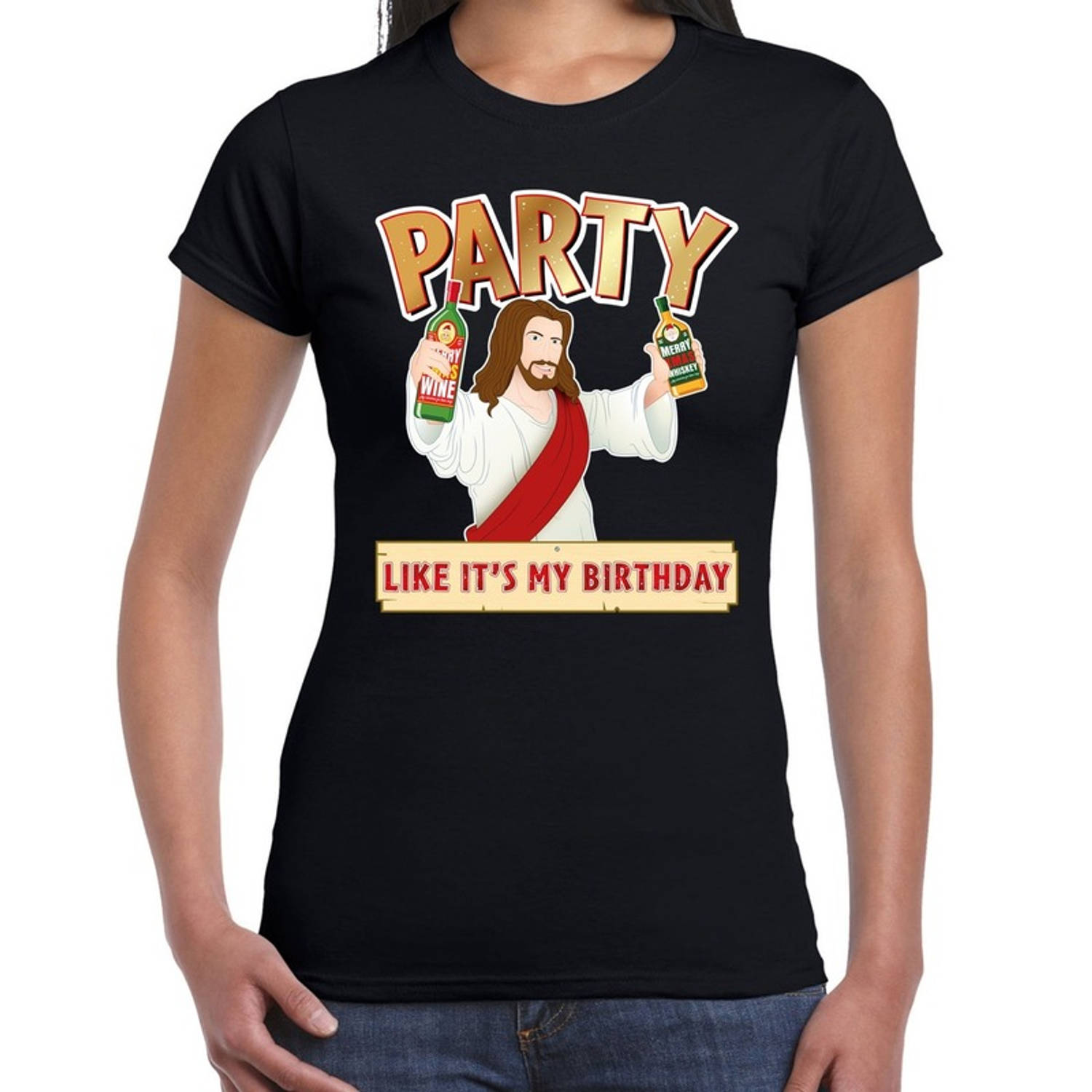 Zwart kerstshirt / kerstkleding met party Jezus voor dames S - kerst t-shirts