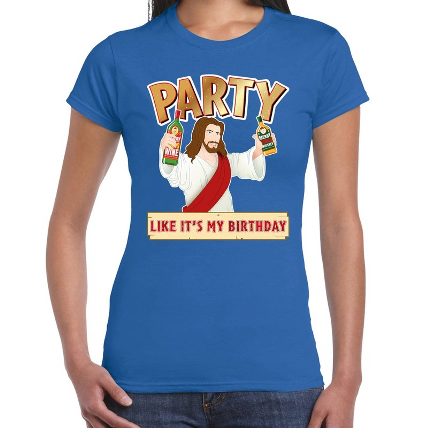 Blauw kerstshirt / kerstkleding met party Jezus voor dames L - kerst t-shirts