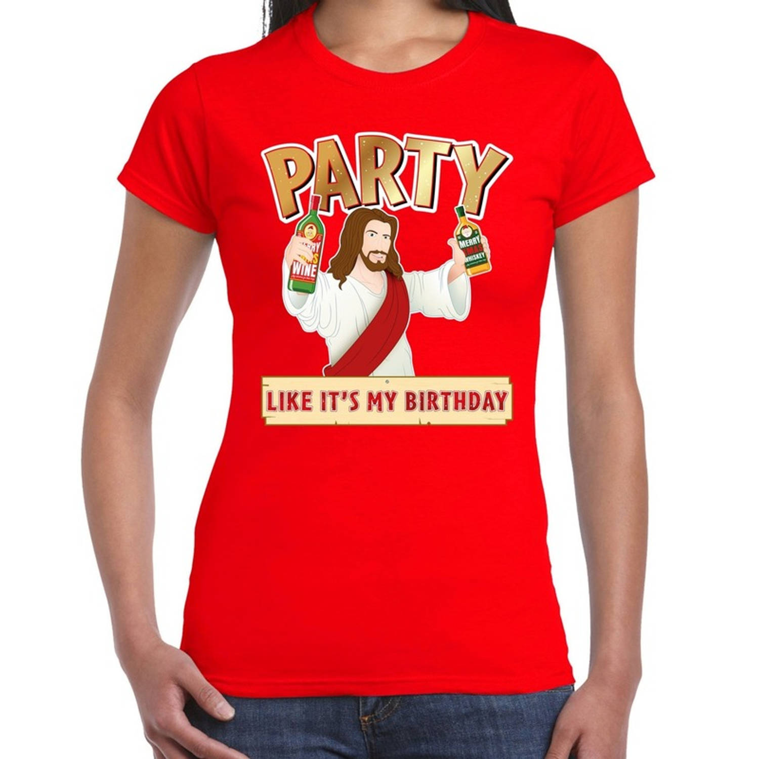 Rood kerstshirt / kerstkleding met party Jezus voor dames XS - kerst t-shirts
