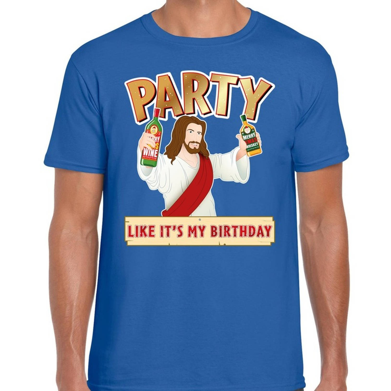 Blauw kerstshirt / kerstkleding met party Jezus voor heren S - kerst t-shirts