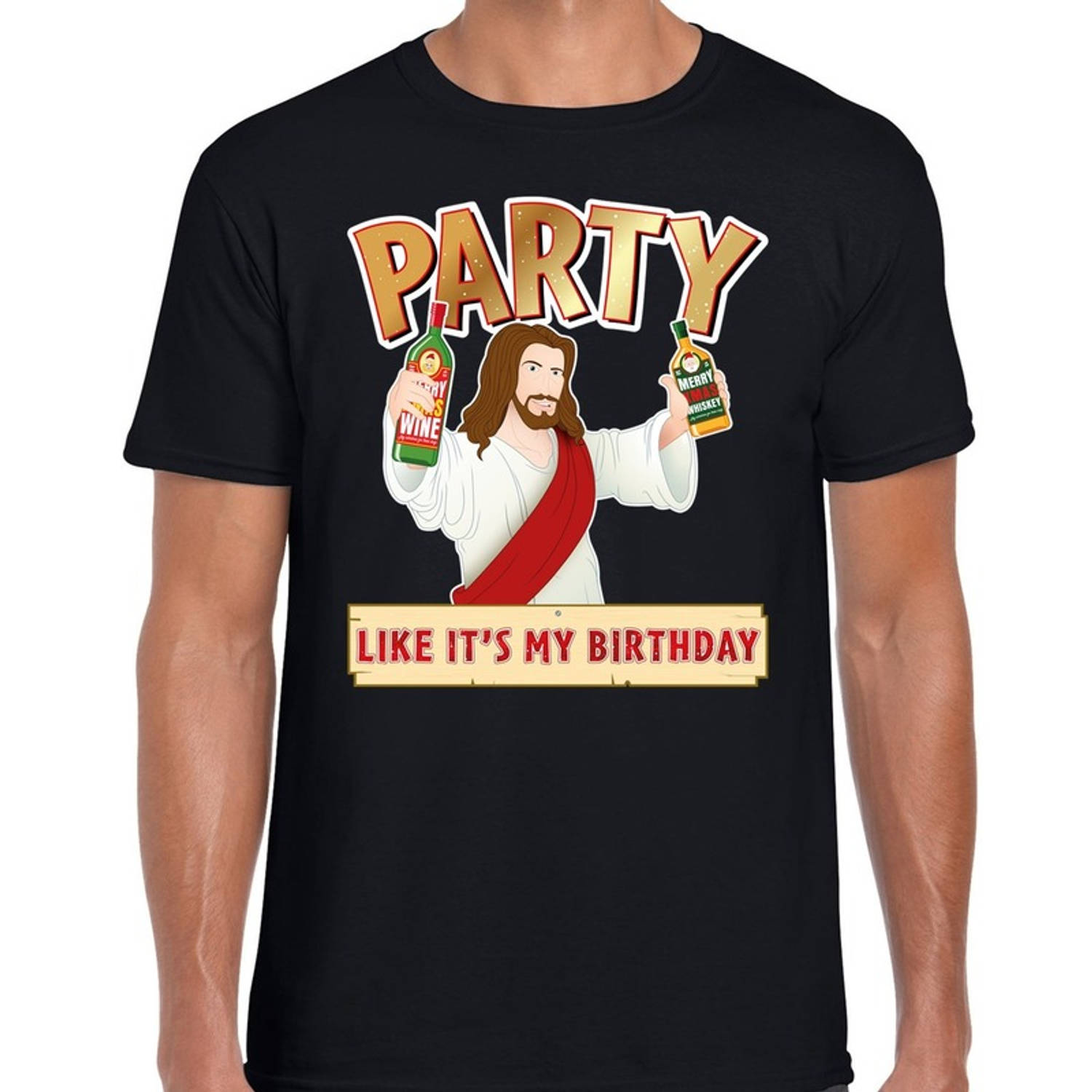 Zwart kerstshirt / kerstkleding met party Jezus voor heren S - kerst t-shirts