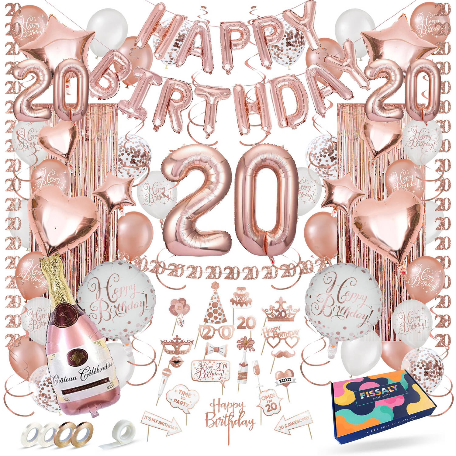 Fissaly® 20 Jaar Rose Goud Verjaardag Decoratie Versiering Feest Helium, Latex & Papieren Confetti B