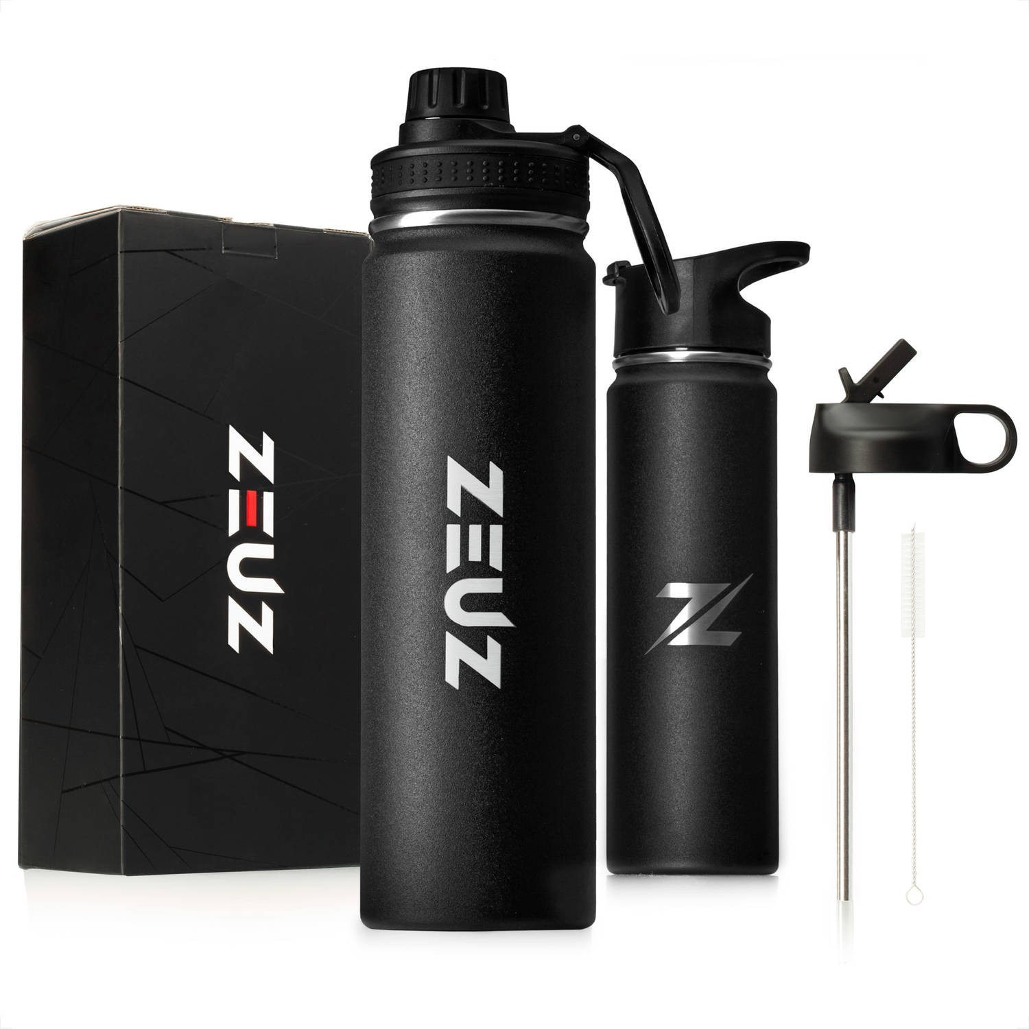 ZEUZ® Premium RVS Thermosfles & Drinkfles - Waterfles met Rietje - BPA Vrij - 700 ml - Mat Zwart