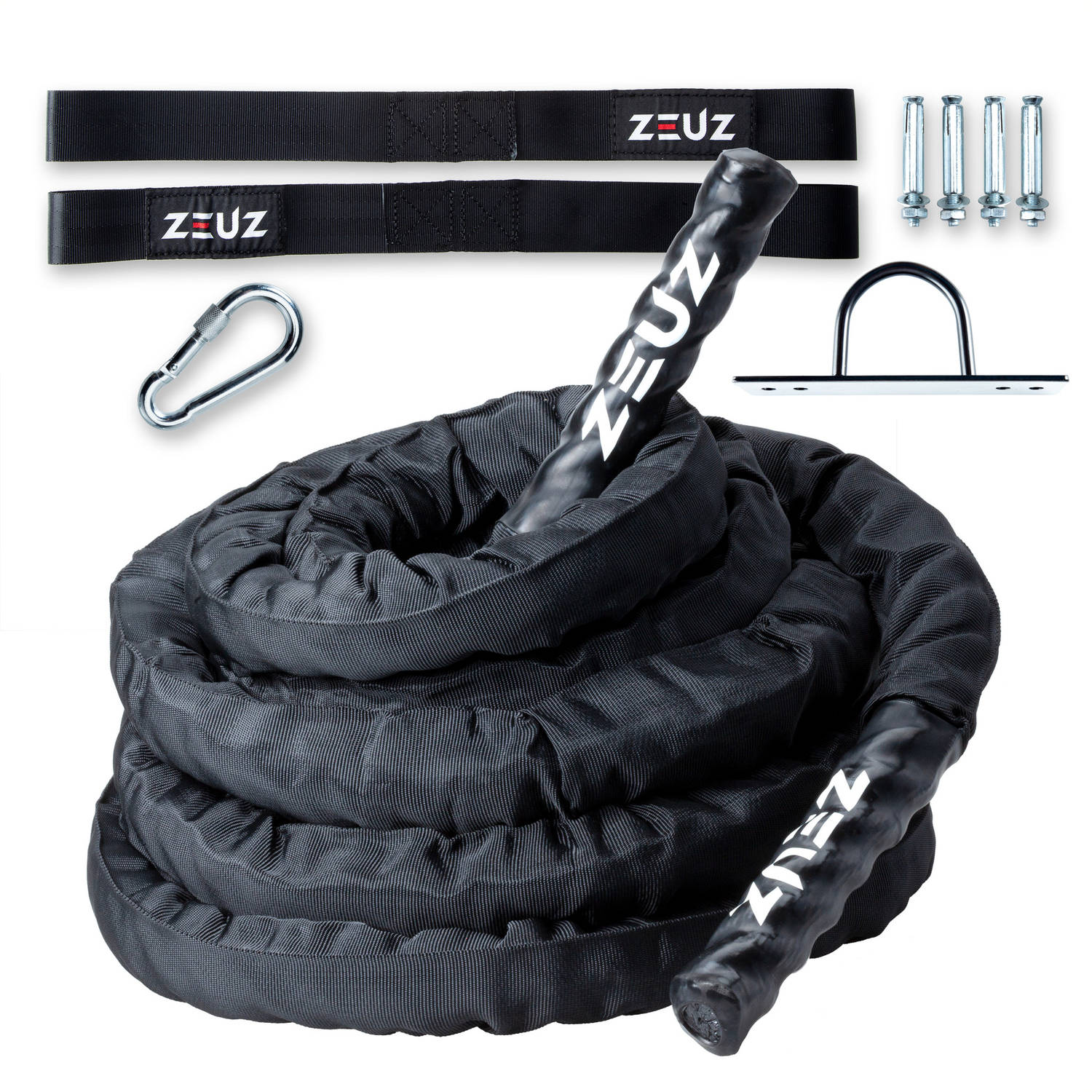Zeuz® Premium 9 Meter Battle Rope Inclusief Nylon Sleeve & Bevestigingsmateriaal - Training Touw - Fitness & Crossfit