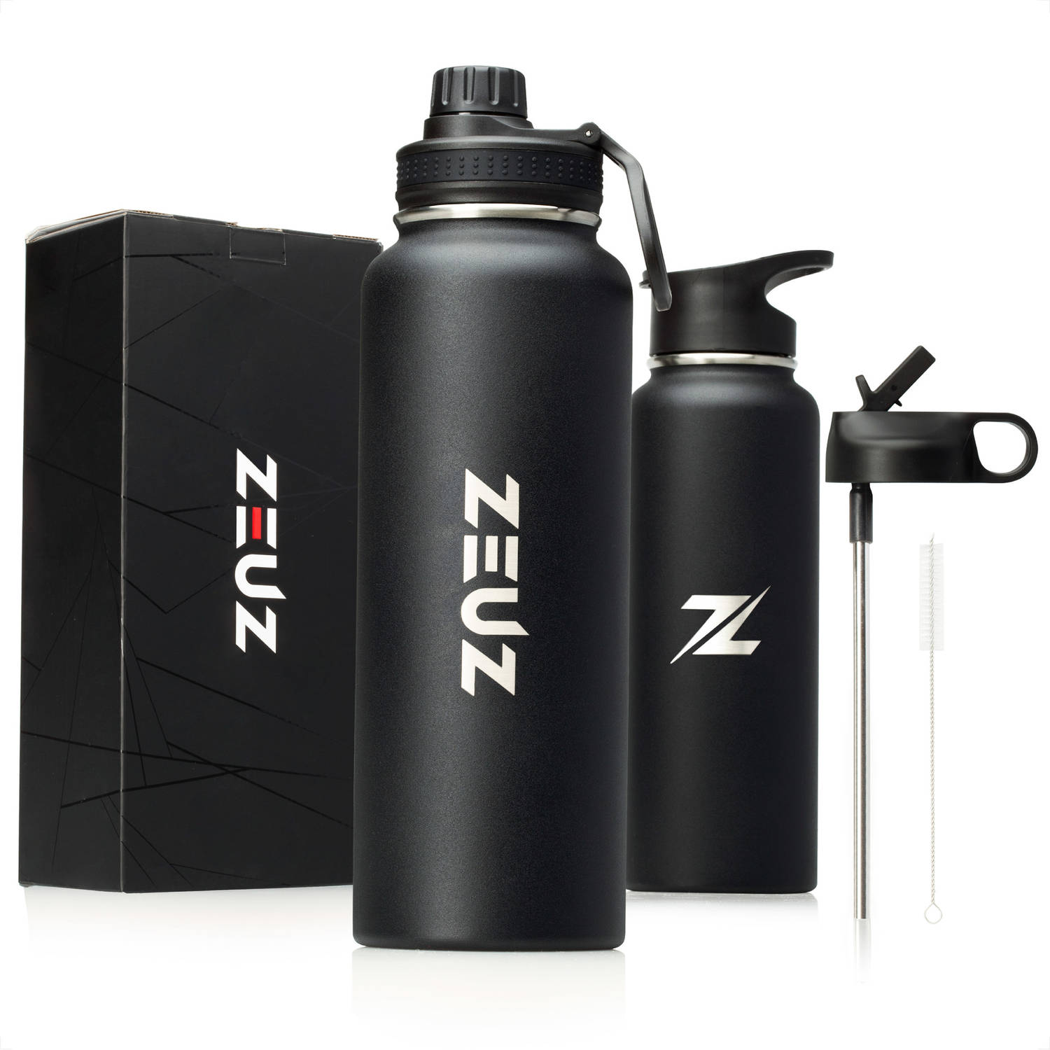 ZEUZ® Premium RVS Thermosfles & Drinkfles - Waterfles met Rietje - Isoleerfles- 1200 ml/ 1, 2 Liter- Mat Zwart