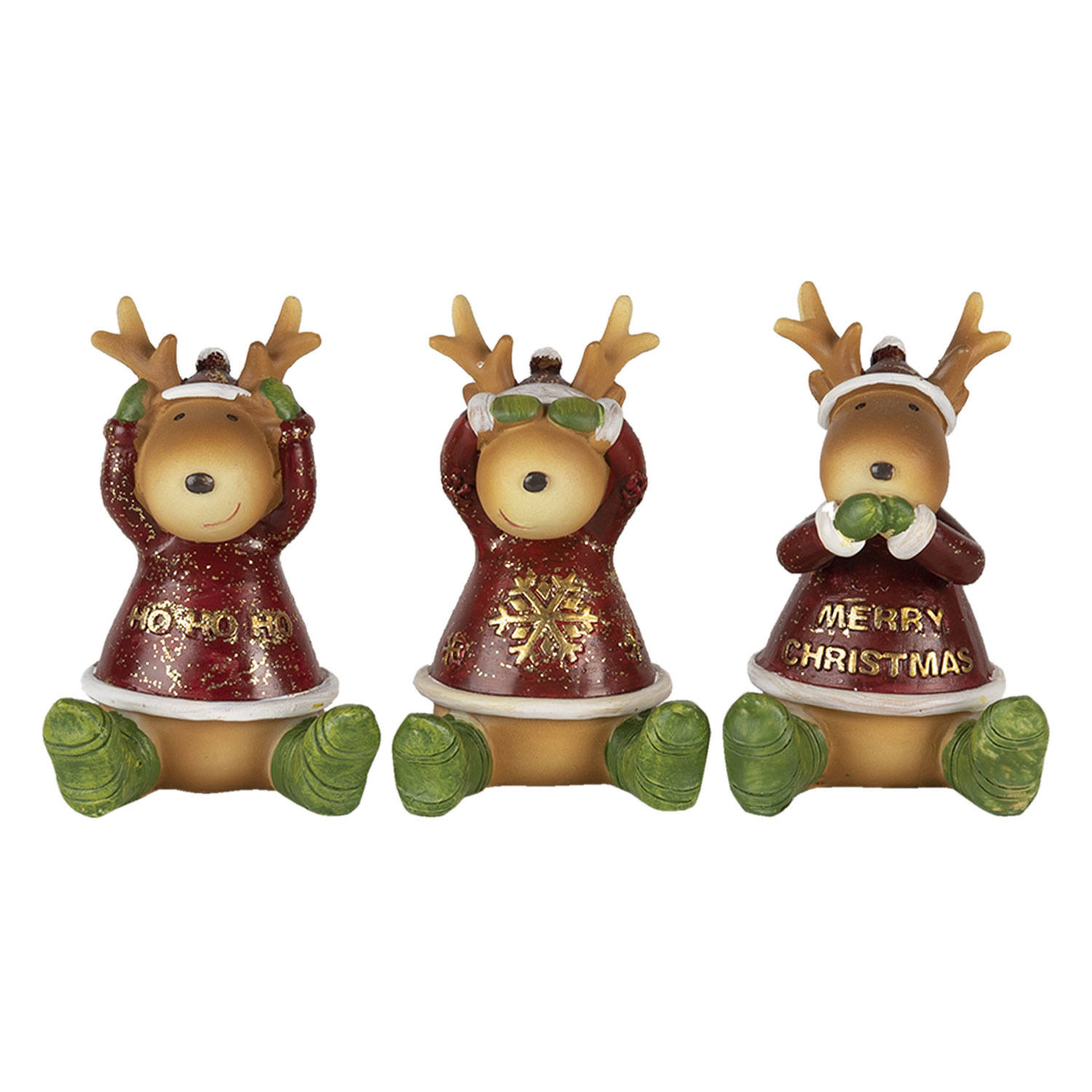 Clayre & Eef Beeld set van 3 Rendier 18*5*9 cm Rood Groen Kunststof Decoratief Figuur Decoratieve Accessoires Kerstdecoratie voor Binnen
