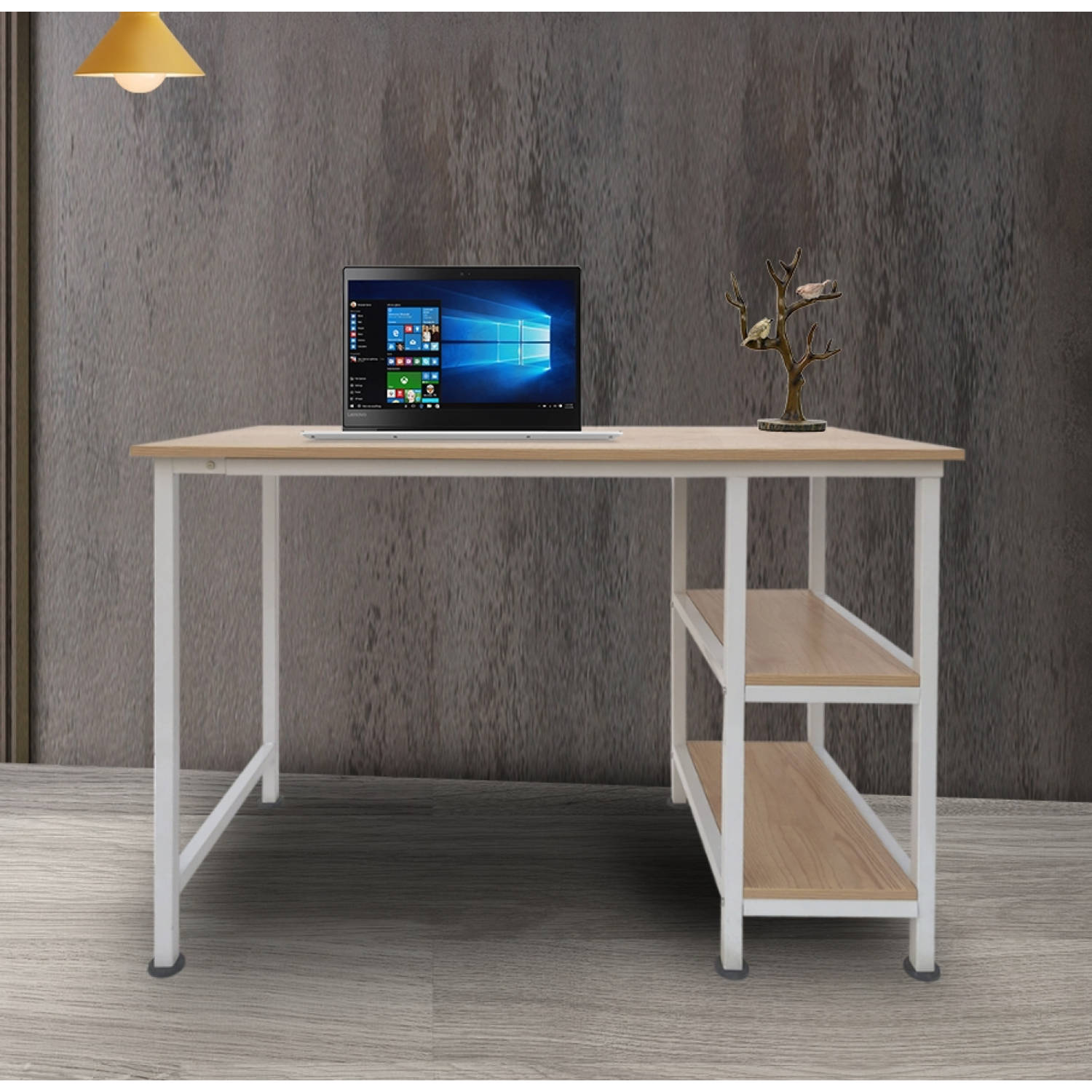 Expliciet Likken Samenpersen Bureau computer tafel - met opbergplanken - wit metaal bruin hout - 110 cm  breed | Blokker