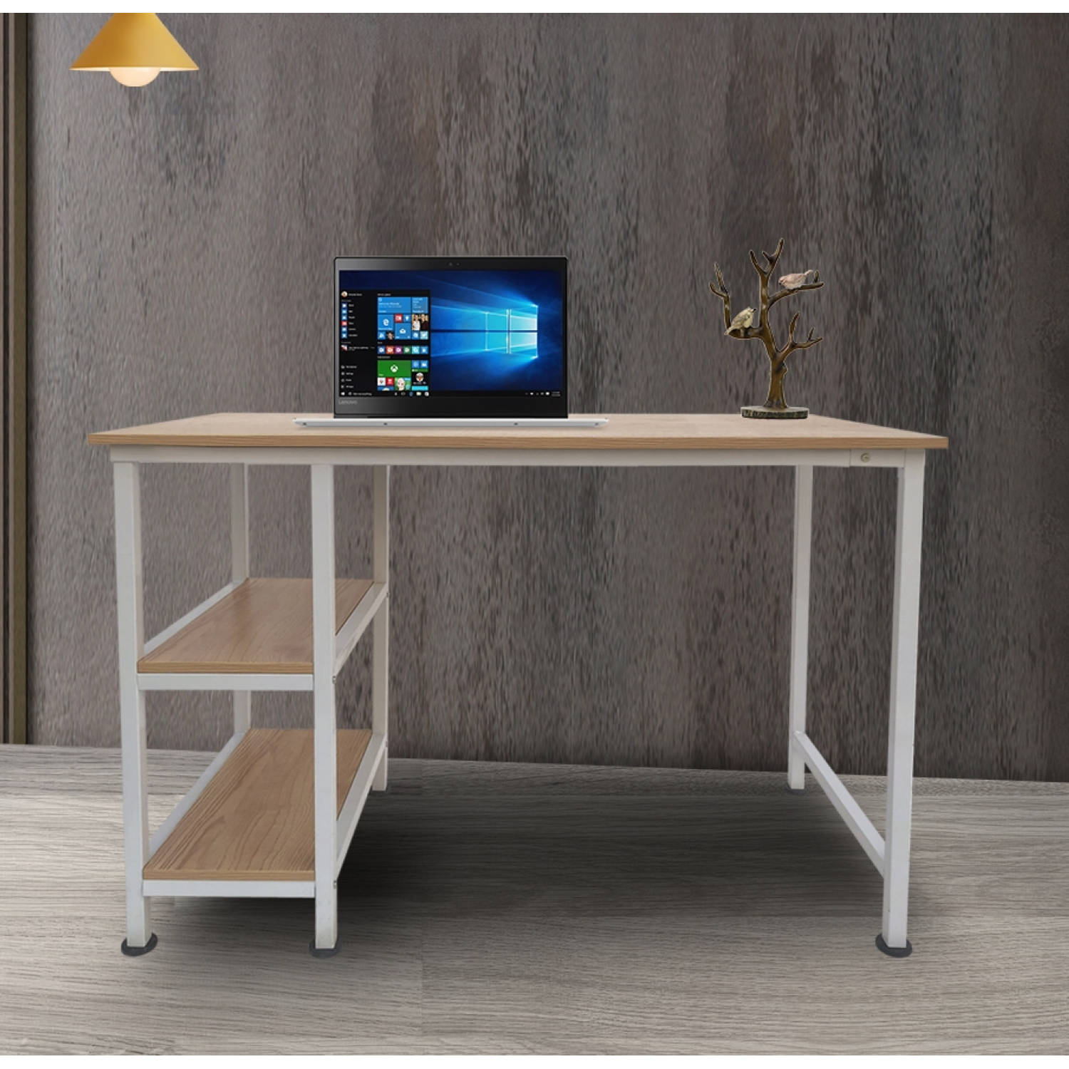 Bekend droefheid Regeren Bureau computer tafel - met opbergplanken - wit metaal bruin hout - 110 cm  breed | Blokker
