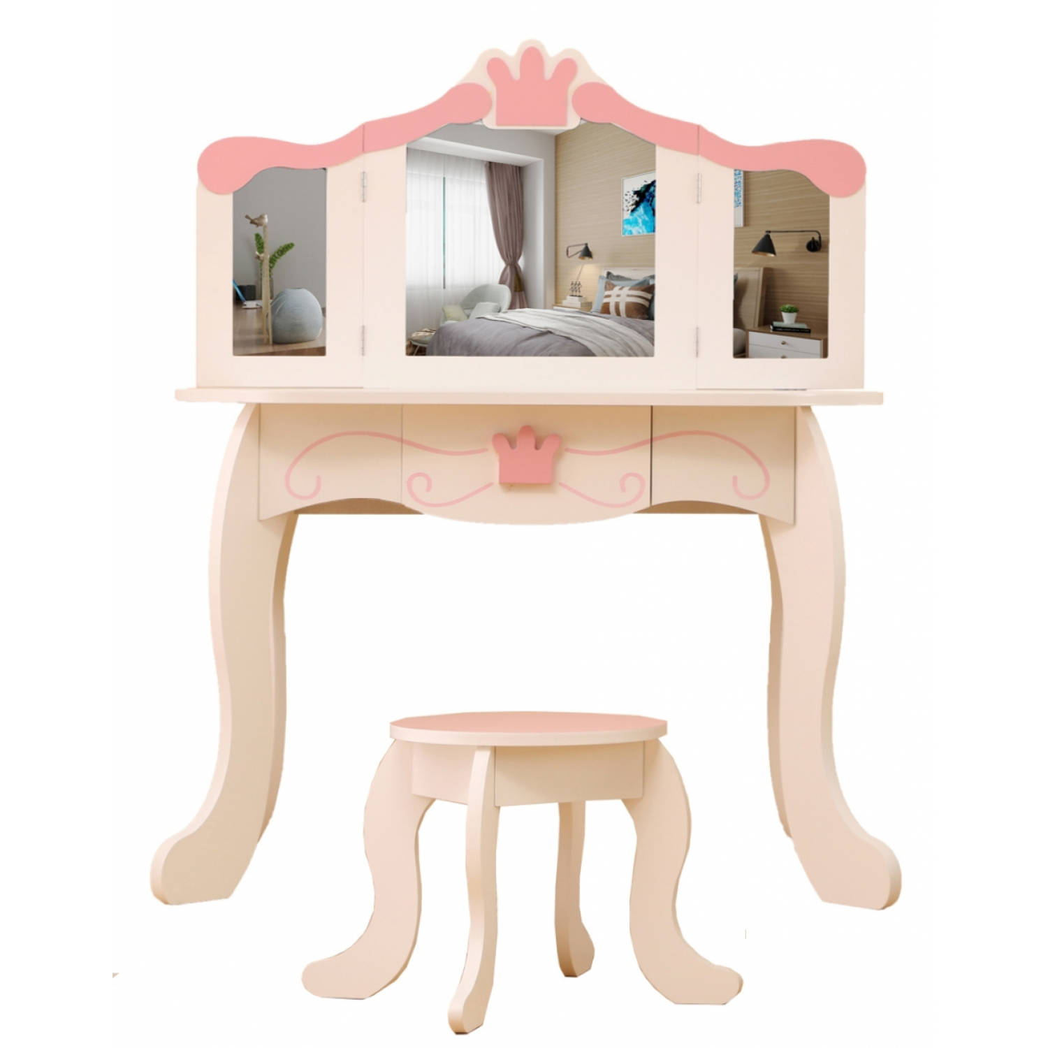 Ontmoedigen lippen Omgeving Kaptafel make up visagie tafel Prinses meisje met spiegel en krukje wit  roze | Blokker