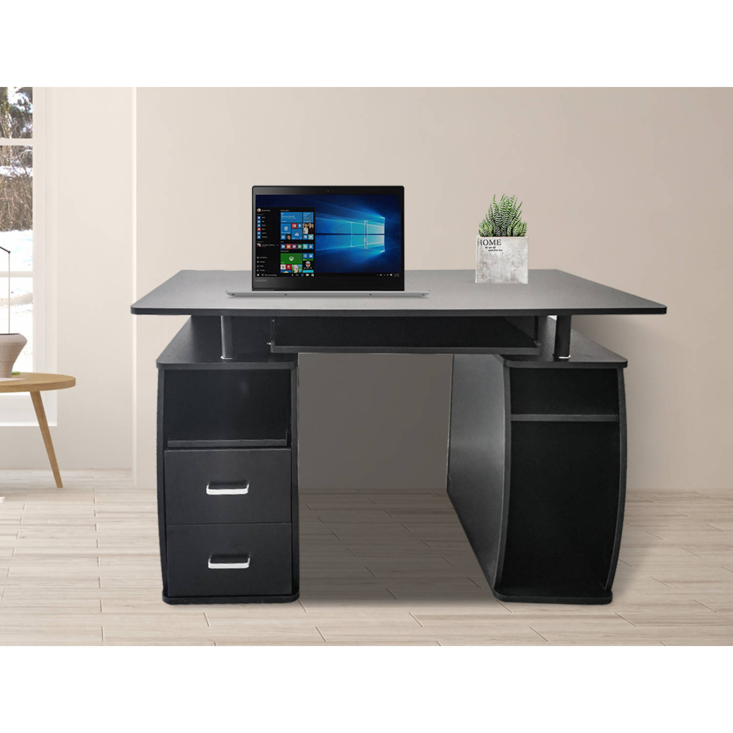 Bureau computertafel praktisch opbergruimte lades en vakken - 120 cm breed - zwart | Blokker