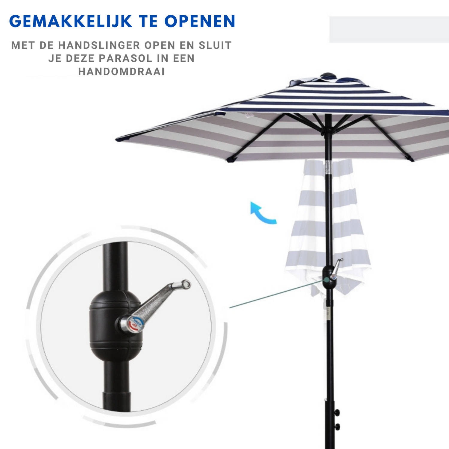 Prijs wijsvinger vlam Zonnescherm - Parasol - Balkon Parasol - Met handslinger - Knikbaar -  Blauwe strepen - Ã˜2,27 x 2,25 H m | Blokker