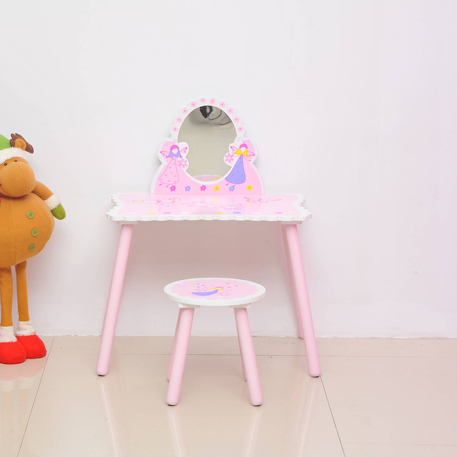 Kaptafel Set met kruk en spiegel - Speelgoed Kinder Make -Up Tafel - Hout - Roze |