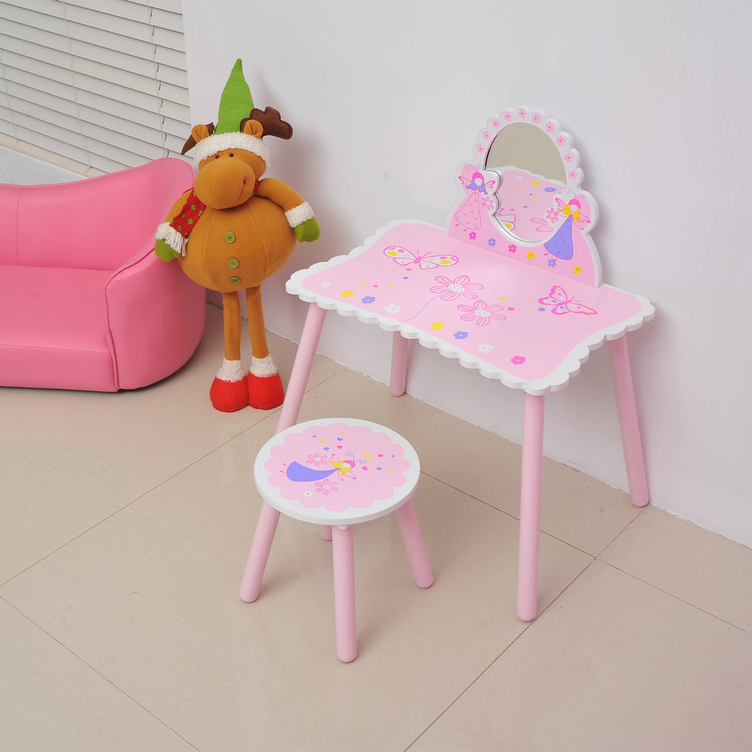 creatief Harde wind stok Kaptafel Set met kruk en spiegel - Speelgoed Kinder Make -Up Tafel - Hout -  Roze | Blokker