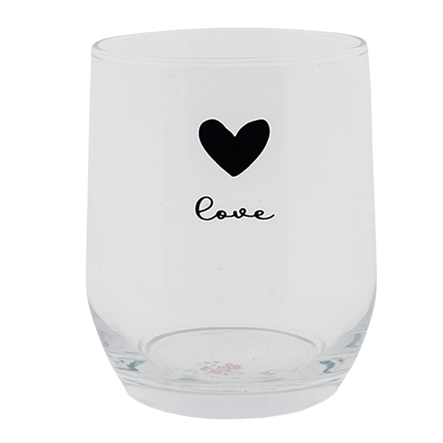 Clayre & Eef Waterglas Ø 8*9 Cm-300 Ml Transparant Zwart Glas Hart Love Drinkbeker Drinkglas Transpa