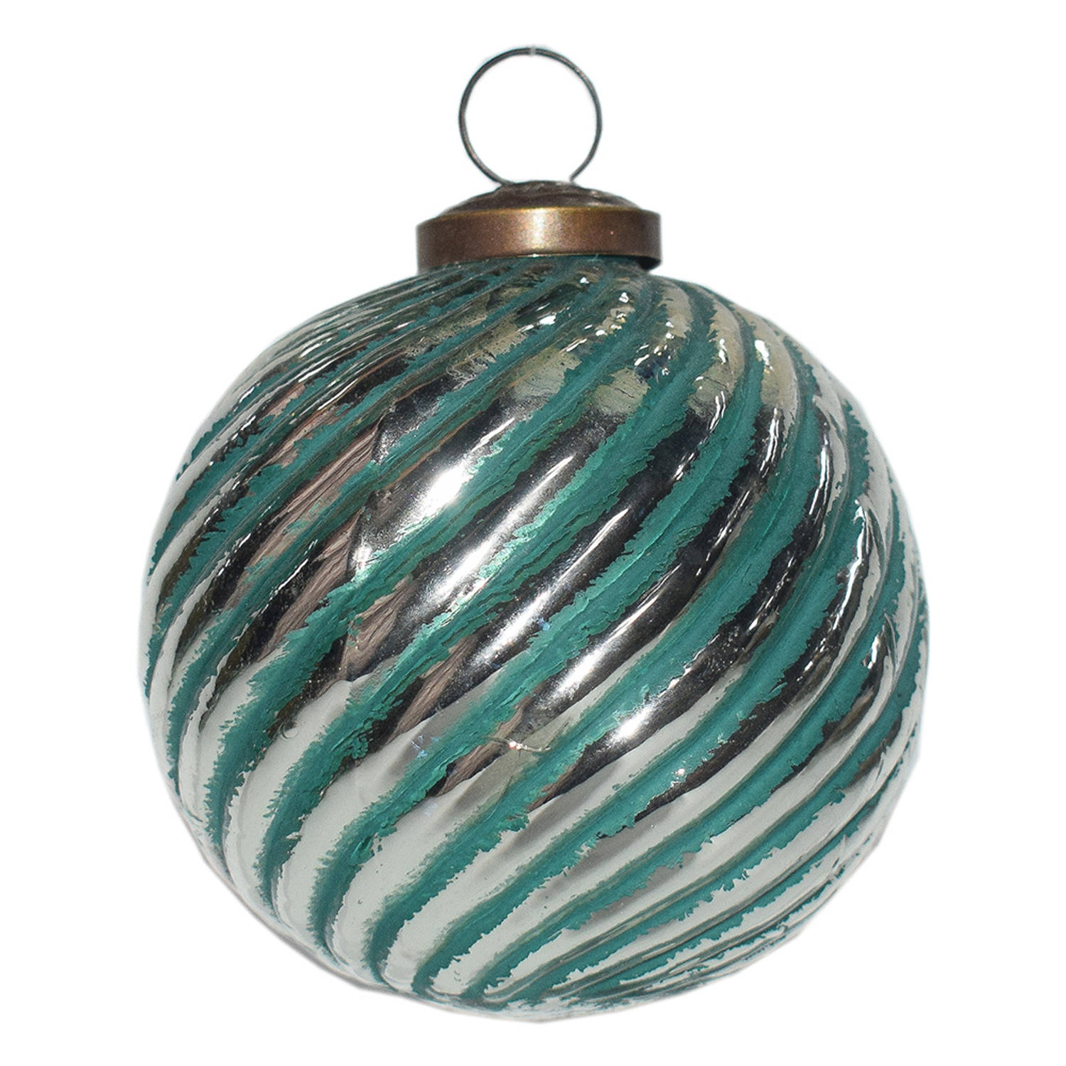 Clayre & Eef Kerstbal Ø 10 cm Groen Zilverkleurig Glas Metaal Kerstdecoratie Groen Kerstdecoratie