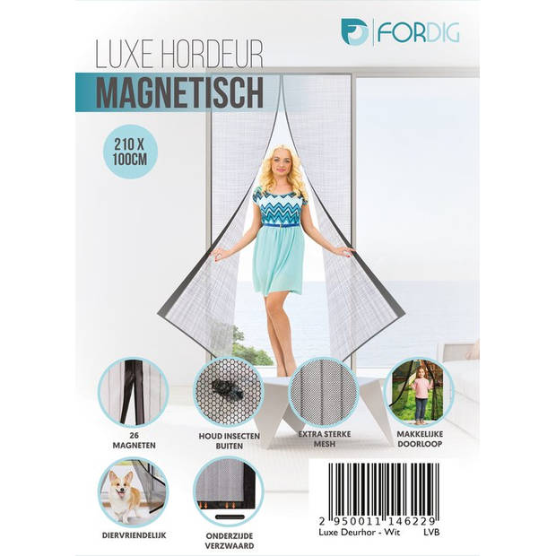 ForDig Vliegengordijn 213x100cm - Glasvezel A-kwaliteit - Luxe Deurhor Magnetisch - Horgordijn – Hordeur - Wit
