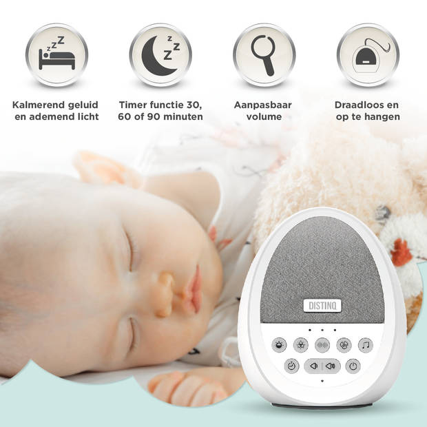 DistinQ White Noise Machine - Witte Ruis Slaaptrainer voor Baby - met 8 kleuren verlichting en 29 rustgevende geluiden