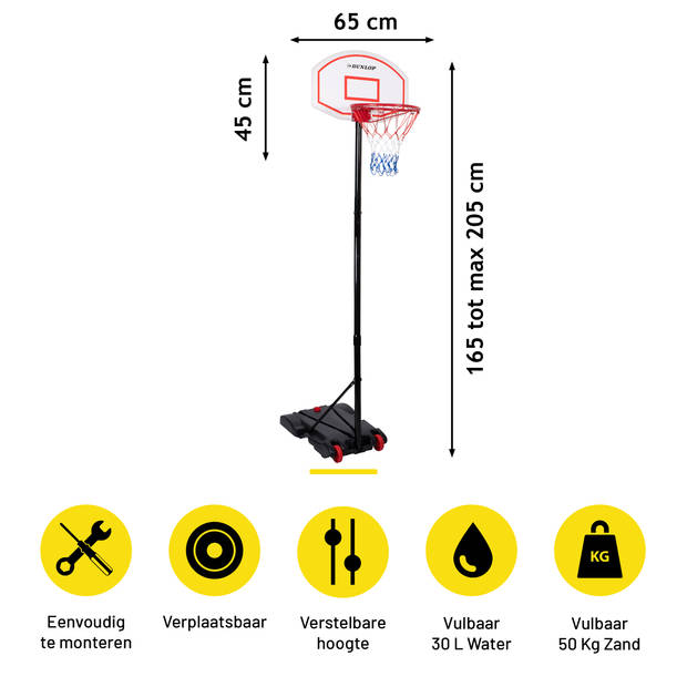 Dunlop Basketbalset - Basketbalring met Standaard - 165 tot 205 CM - Basketbalpaal voor Buiten - Exclusief Basketbal