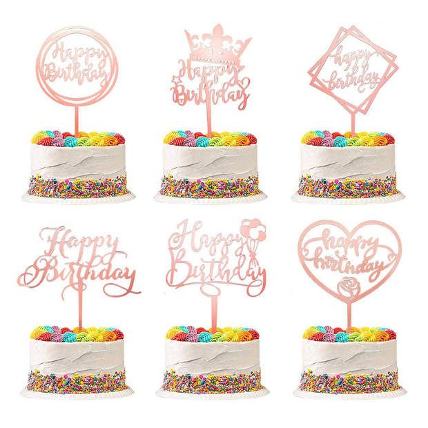 Fissaly® 6 Stuks Rosé Gouden Happy Birthday Taarttopper & Caketopper Set – Taartversiering – Decoratie Topper