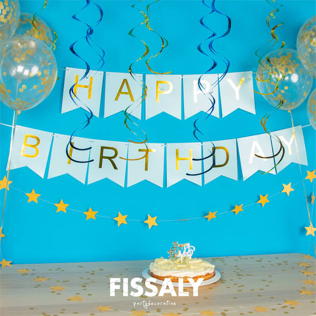 Fissaly® Verjaardag Slinger Blauw & Goud met Papieren Confetti Ballonnen – Decoratie – Happy Birthday - Letterslinger