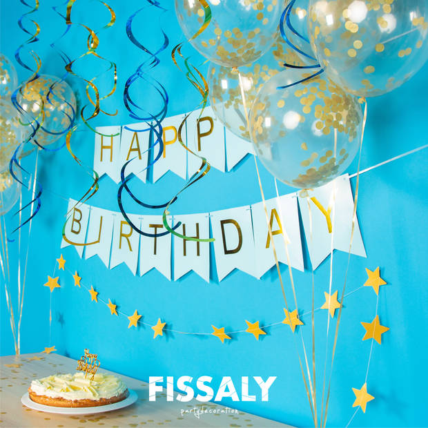 Fissaly® Verjaardag Slinger Blauw & Goud met Papieren Confetti Ballonnen – Decoratie – Happy Birthday - Letterslinger