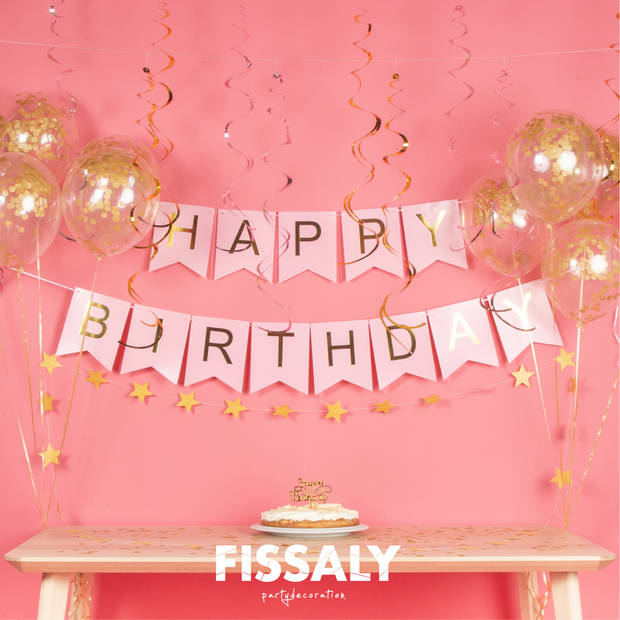 Fissaly® Verjaardag Slinger Roze & Goud met Papieren Confetti Ballonnen – Decoratie – Happy Birthday - Letterslinger