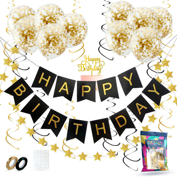 Fissaly® Verjaardag Slinger Zwart & Goud met Papieren Confetti Ballonnen – Decoratie – Happy Birthday