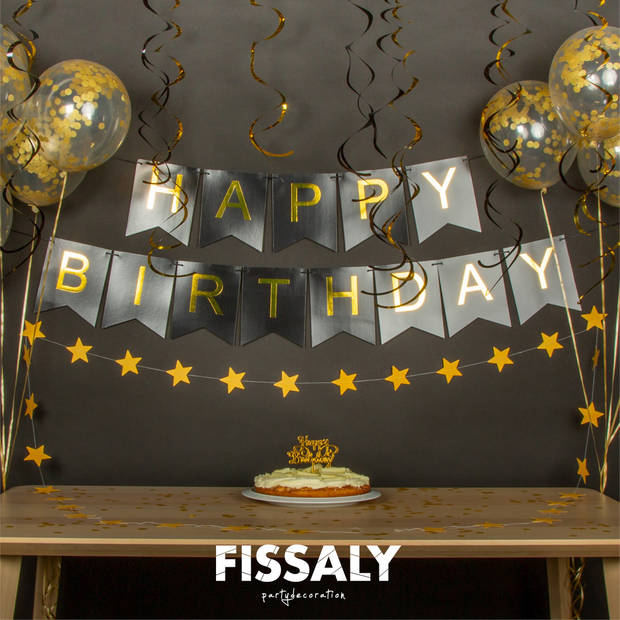 Fissaly® Verjaardag Slinger Zwart & Goud met Papieren Confetti Ballonnen – Decoratie – Happy Birthday