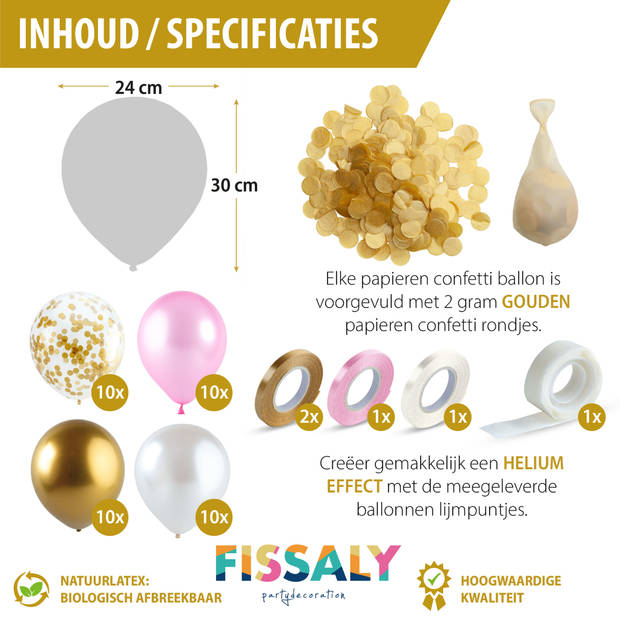 Fissaly® 40 Stuks Goud, Creme wit, Roze & Papieren Confetti Goud Latex Ballonnen met Accessoires – Helium - Decoratie