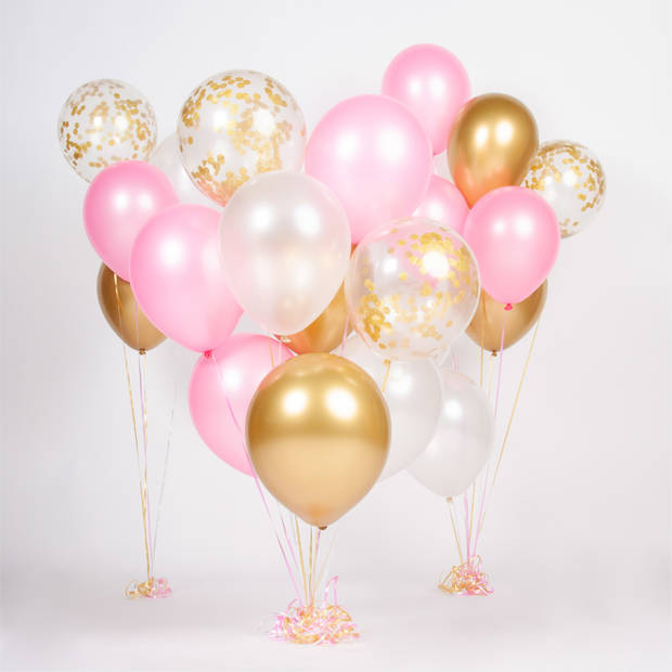 Fissaly® 40 Stuks Goud, Creme wit, Roze & Papieren Confetti Goud Latex Ballonnen met Accessoires – Helium - Decoratie