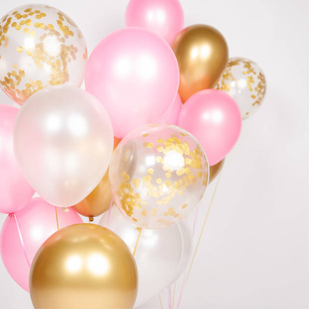 Fissaly® 40 Stuks Goud, Creme wit, Roze & Papieren Confetti Goud Latex Ballonnen met Accessoires – Helium - Decoratie