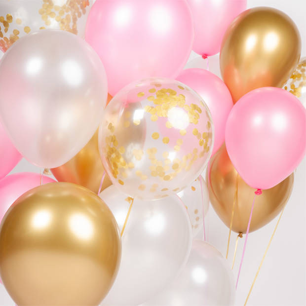 Fissaly® 40 Stuks Goud, Creme wit, Roze & Papieren Confetti Goud Latex Ballonnen met Accessoires – Helium - Decoratie