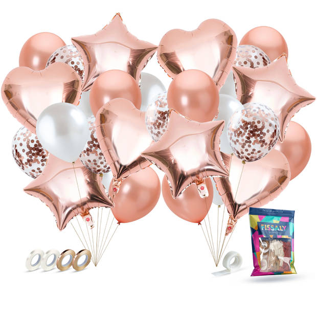 Fissaly® 40 Stuks Rose Goud Helium Ballonnen met Lint – Verjaardag Feest Decoratie – Papieren Confetti – Roze Gold Latex