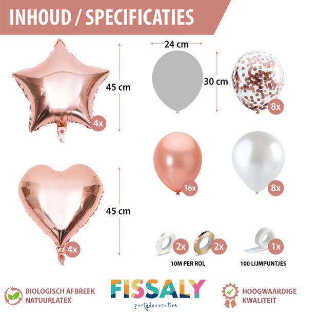 Fissaly® 40 Stuks Rose Goud Helium Ballonnen met Lint – Verjaardag Feest Decoratie – Papieren Confetti – Roze Gold Latex