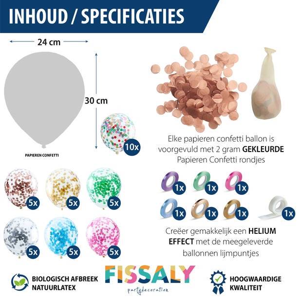 Fissaly® 40 stuks Gekleurde Papieren Confetti Helium Ballonnen met Lint – Decoratie Versiering – Latex