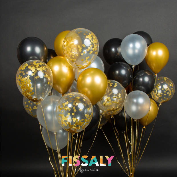 Fissaly® 40 stuks Goud, Zwart & Wit Helium Ballonnen met Lint – Versiering Decoratie – Papieren Confetti – Latex