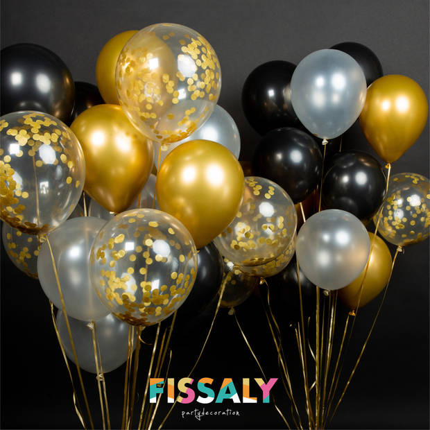 Fissaly® 40 stuks Goud, Zwart & Wit Helium Ballonnen met Lint – Versiering Decoratie – Papieren Confetti – Latex