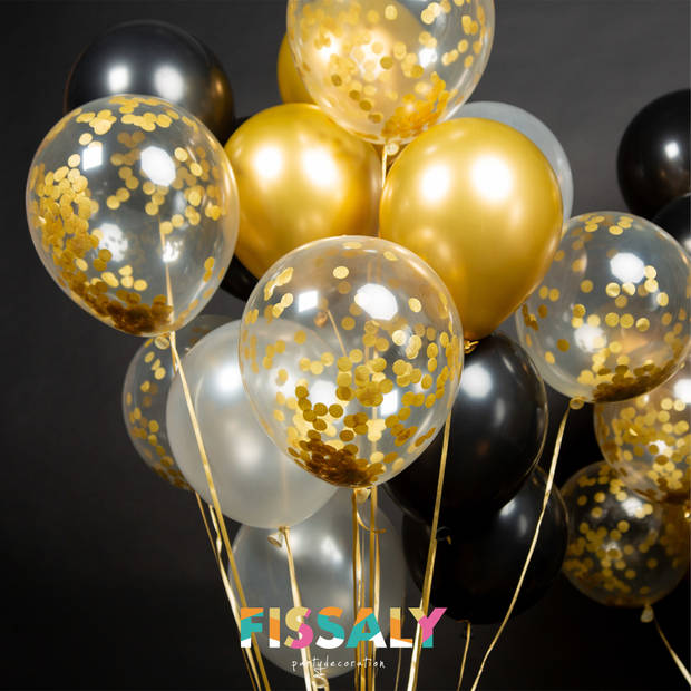 Fissaly® 40 stuks Goud, Zwart & Wit Helium Ballonnen met Lint – Versiering Decoratie – Papieren Confetti – Latex