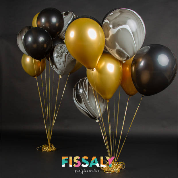 Fissaly® 40 Stuks Goud, Zwart & Papieren Confetti Ballonnen met Accessoires – Decoratie Versiering - Latex