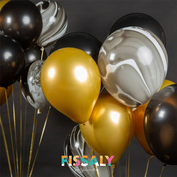 Fissaly® 40 Stuks Goud, Zwart & Papieren Confetti Ballonnen met Accessoires – Decoratie Versiering - Latex