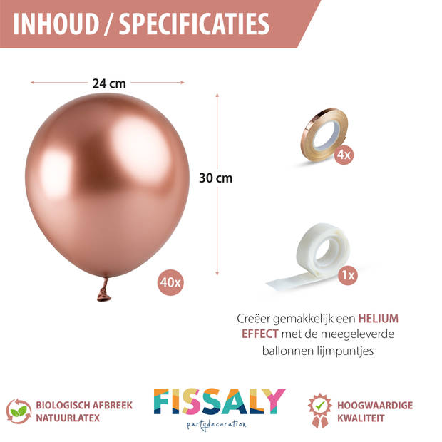 Fissaly® 40 stuks Metallic Rose Goud Helium Latex Ballonnen met Lint Versiering - Feest Decoratie – Chrome Roze & Gouden