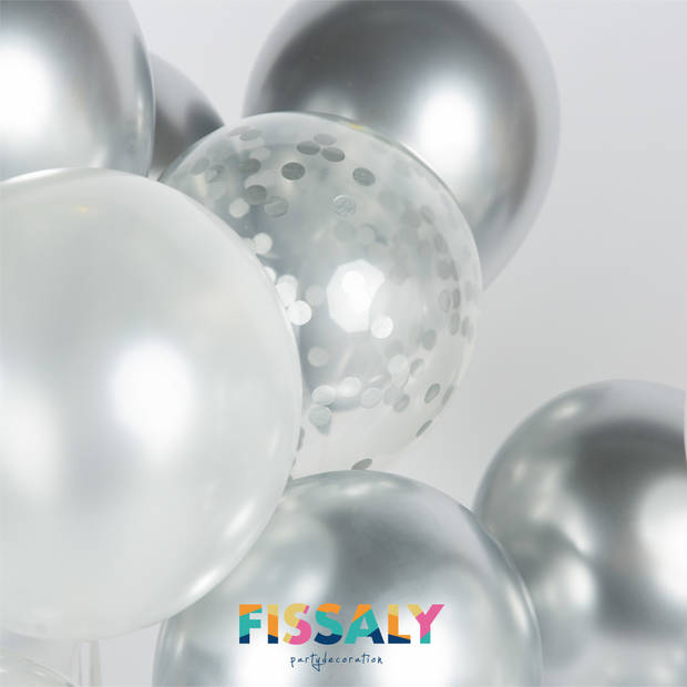 Fissaly® 40 stuks Zilver, Wit & Zilveren Papieren Confetti Helium Latex Ballonnen met Accessoires – Metallic Chrome