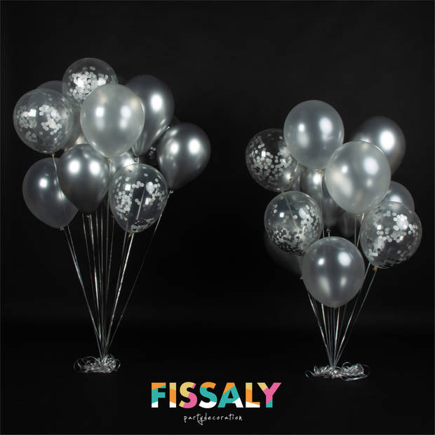 Fissaly® 40 stuks Zilver, Wit & Zilveren Papieren Confetti Helium Latex Ballonnen met Accessoires – Metallic Chrome