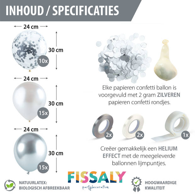 Fissaly® 40 stuks Zilver, Wit & Zilveren Papieren Confetti Helium Latex Ballonnen met Accessoires – Metallic Chrome