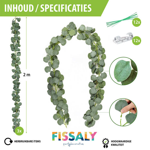 Fissaly® 3 Stuks Eucalyptus Slinger Versiering Set Incl. 24 Accessoires – Botanical Backdrop Planten Decoratie