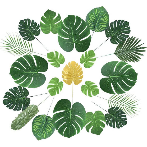 Fissaly® 75 Stuks Tropische Bladeren Decoratie met Lint – Kunst Blad – Verjaardag Jungle Versiering – Groen & Goud