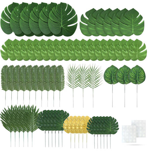 Fissaly® 75 Stuks Tropische Bladeren Decoratie met Lint – Kunst Blad – Verjaardag Jungle Versiering – Groen & Goud