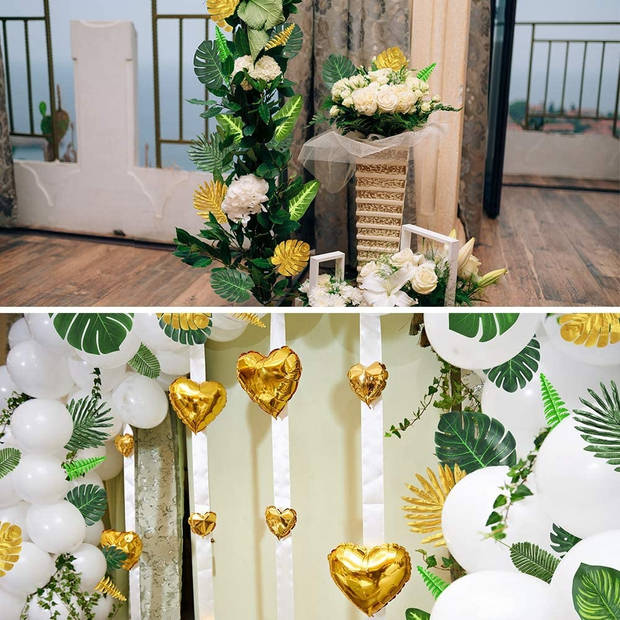Fissaly® 75 Stuks Tropische Bladeren Decoratie met Lint – Kunst Blad – Verjaardag Jungle Versiering – Groen & Goud