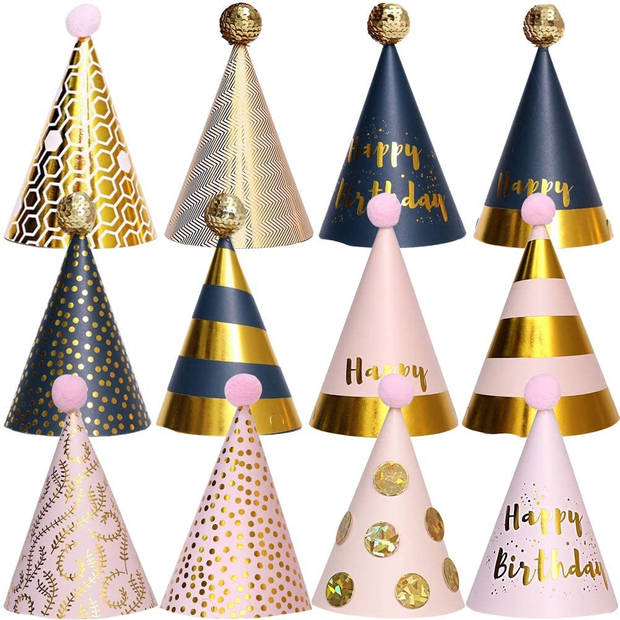 Fissaly® 12 Stuks Happy Birthday Feesthoedjes Karton – Volwassen & Kinderen – Verjaardag Feest Papier Hoedjes