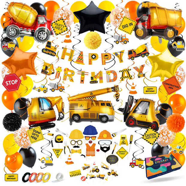 Fissaly® 106 Stuks Bouw Verjaardag Thema Decoratie Set – Kinderfeest & Themafeest – Feestje Happy Birthday Jongen